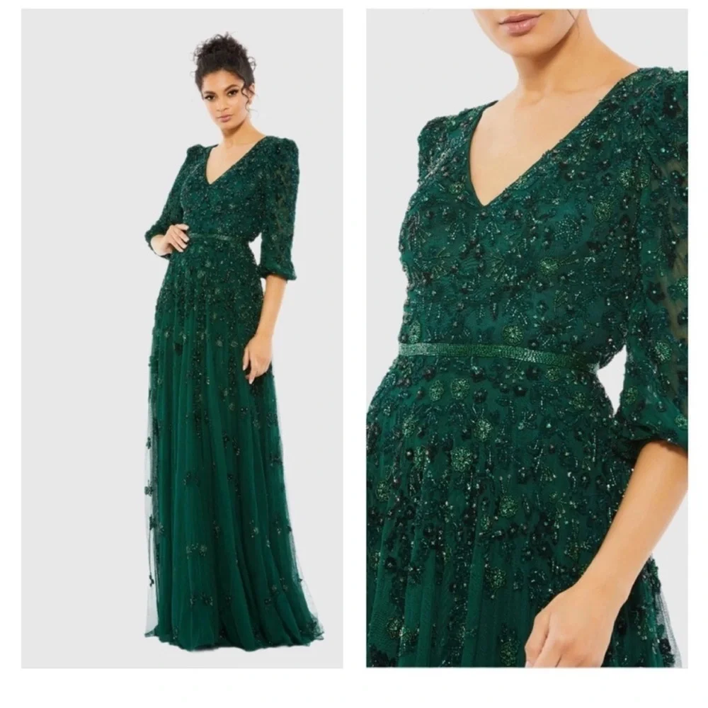 Mac Duggal Green Embellished V Neck 3/4 Sleeve A Line Gown - Picture 1 of 8